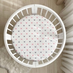 Husa saltea rotunda patut bebe / copii cu elastic, Inimioare roz-gri